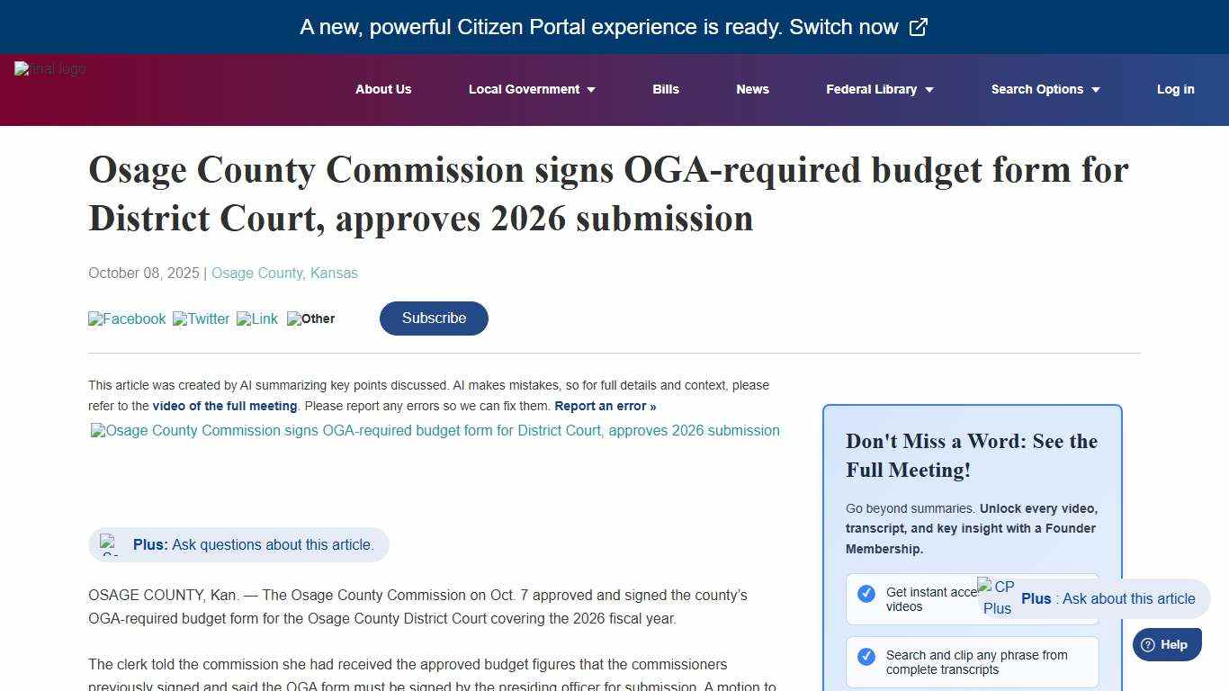 CitizenPortal.ai - Osage County Commission signs OGA-required budget form for District Court, approves 2026 submission